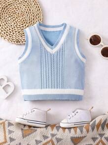 SHEIN Baby Boy Contrast Binding Cable Knit Sweater Vest - Multicolor - View 3