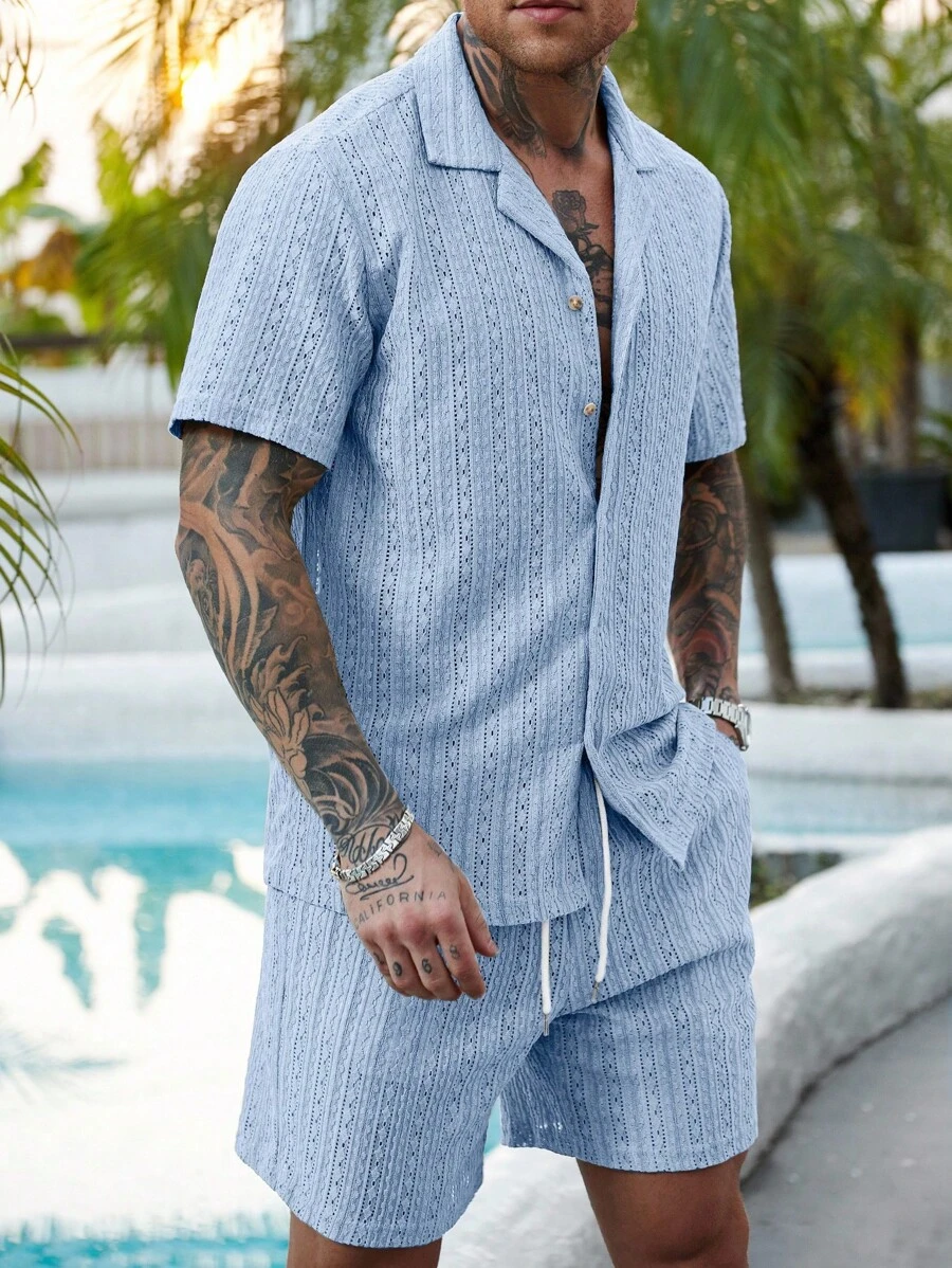 Manfinity RSRT 2 Pcs/Set Men's Solid Color Button-Down Hollow Shirt And Shorts Set, Vacation Solid Color Husband Casual Wear, Suitable For Vacation, Seaside Beach, Daily Leisure,Summer Wear Resort Wear Men Outfits For Men Men Shirt Co Ords, Cozy Outfits - Baby Blue - View 1