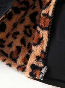 SHEIN Playful Pals 女婴幼儿新生儿 0-3 岁保暖双面连帽仿皮草法兰绒豹纹和纯黑色中长款夹克，秋冬