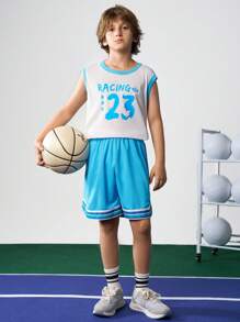 JNSQ Tween Boy Back To School Outdoor Sports Loose Fit Vest, Children's Round Neck Contrast Color Splicing Front Graphic Print Outdoor Sports Loose Fit Vest Top