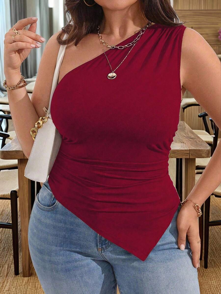 EMERY ROSE 大码女式休闲纯色不对称领口修身衬衫 - 酒紅色 - 查看 1