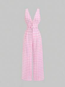 Sweetra 新款春夏法式粉色格子V领珍珠纽扣束腰无袖阔腿连体裤高端淑女 - 粉色 - 查看 1