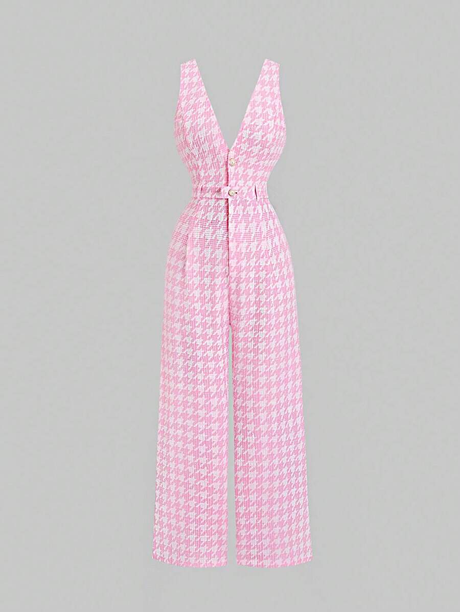 Sweetra 新款春夏法式粉色格子V领珍珠纽扣束腰无袖阔腿连体裤高端淑女 - 粉色 - 查看 1