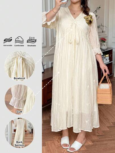 SHEIN LUNE Plus Size Elegant V-Neck Mid-Length Sleeve Dress, Waist-Hugging Dress, Heavy Full-Body Embroidery Dress, Ruffled Trumpet Sleeves, Tie Neckline,Vacation Dress,Beach Vacation Outfits,Birthday Dresses For Women,Teacher Outfits For Women,Airport Outfit For Women,Club Dress,Waist-Slimming Midi Dress,Summer Outfits For Women A-Line Dress,Floral Three-Dimensional Texture Fabric, Elegant And Fashionable For Commuting,For Daily Wear,Holiday Elegant Outfits,Commute,Minimalist,Commute Minimalist Office Old Money Dress,Romantic And Elegant, Simple & Fashionable