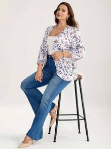 Comfylo 大码女式度假碎花前开 3/4 袖休闲夹克波西米亚风格女装商务休闲女装曲线休闲日常穿着，浪漫优雅，日常通勤和户外必备，通勤，极简主义，假日优雅装扮，假日装扮女装秋冬 - 彩色 - 查看 6