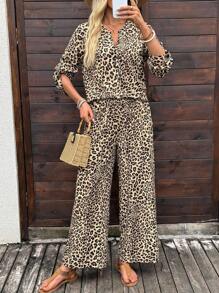 EMERY ROSE 夏季女士豹纹衬衫和裤子两件套 - 棕色 - 查看 5