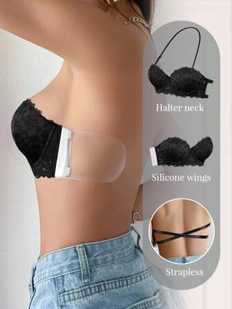 1 件女士蕾丝后背无肩带文胸，带钢圈，隐形肩带，聚拢文胸，提升小胸围