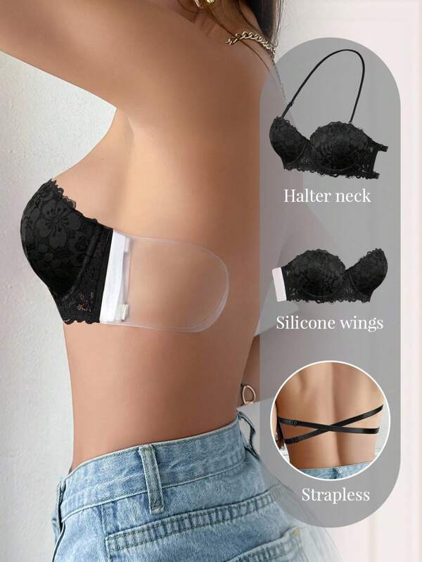 DesireSculpt 1 pieza Sujetador con espalda de encaje sin tirantes con alambre para mujer, sujetador push-up con tirante invisible, que realza el busto pequeño