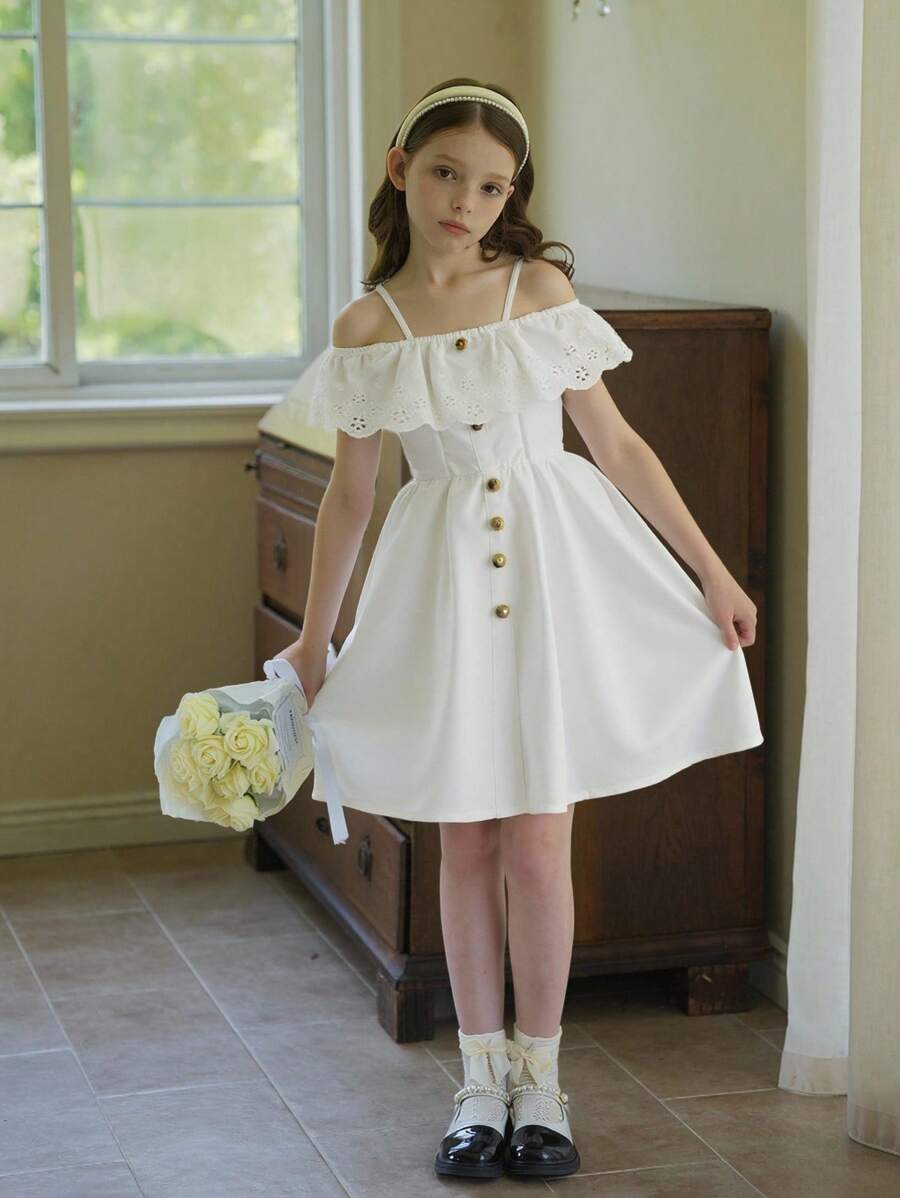SHEIN Vintaside Kids Tween Girl Cold Shoulder Ruffle Trim Button Front Dress - White - View 1