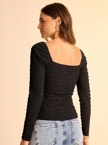 CAJUNI Camiseta corta de manga larga, cuello cuadrado, ajustada, de punto texturizado negro para mujer - Negro - Ver 2