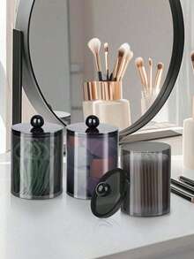 1pc Transparent Storage Box For Cleaning Rod, Round Pad And Dental Floss Pick - 10oz Clear Plastic Jar Set, Suitable For Bathroom And Dressing Table Storage And Organization, Black Night Stand Makeup Storage Box,Living Room Decor Pen Holder Storage Box