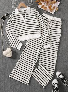 Sparklyn 少女条纹翻领落肩卫衣和裤子休闲套装