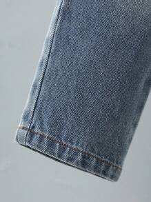 SHEIN 2 件套年轻男童休闲舒适百搭条纹印花图案撞色口袋长袖衬衫和牛仔裤套装，幼儿园服装 - 藍白色 - 查看 6