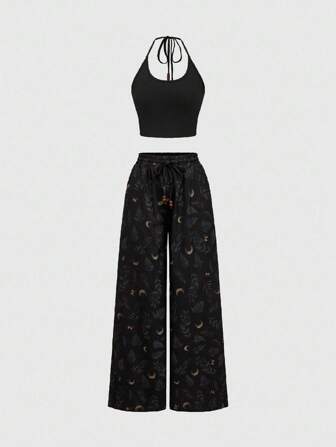Grunge Punk Set de 2 piezas de pantalones de pierna ancha con estampado todo sobre de bosque y luna vintage y camiseta de tirantes finos