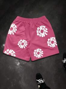 Manfinity EMRG 男士字母印花抽绳腰口袋休闲宽松短裤 - 玫紅色 - 查看 2