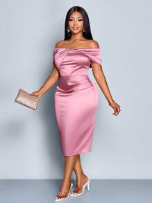 SOLERSUN SOLERSUN Women's Plus Size Fashion Solid Color Elegant Party Off-The-Shoulder Ruffled Satin Midi Dress, Diverse Twist Design Dress, Autumn, Winter, Music Festival, Party,Fall