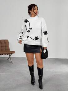 Firerie Plus Size Women Floral Embroidered Drawstring Neck Casual Long Sleeve Sweater Fall/Winter - White - View 7