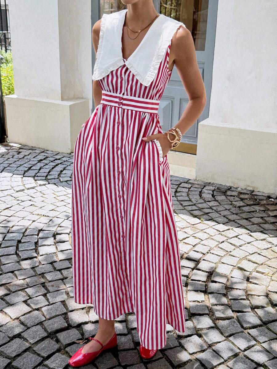 Serisse 复古连衣裙！女士优雅红白条纹无袖长裙 - 2025年秋季最新款教师装 | A字腰长裙，度假、约会、下午茶、通勤和日常穿着的完美之选 | 条纹太阳裙，女士秋季必备单品，返校和机场装扮 | 复古风，端庄大方 | 秋季女装，秋装 - 紅白色 - 查看 1
