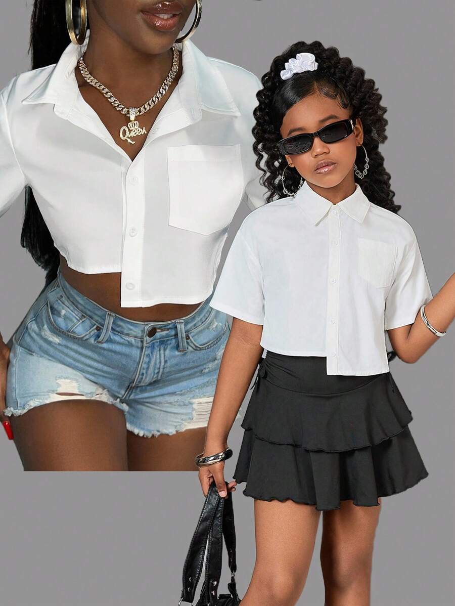 Tween Girl Casual Fashionable Street Turndown Collar Asymmetric Pocket Short White Utility Shirt, Girls Crop Top, Tween Girl White Shirt, Girls White Button Down Shirt, Tween Girl Outfits,Back To School, Summer Tops,Tween Girl Clothes,Babydoll Top,White Top,White Shirt - White - View 1