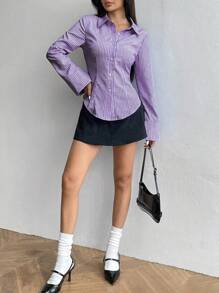 Sweetra 女士长袖单排扣休闲修身条纹衬衫 - 紫色 - 查看 3
