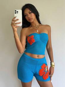 Aloruh 全新 Dopamine Hottie 时尚度假手工钩针无袖短款上衣和比基尼套装，适合海滩、度假村、水疗中心 - 藍色 - 查看 7
