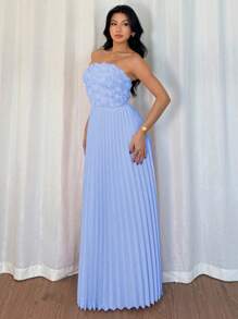 Rafferiza Váy xếp ly họa tiết hoa chắp vá cho nữ, thanh lịch và quyến rũ cho mùa hè - Màu xanh lam - Xem 4