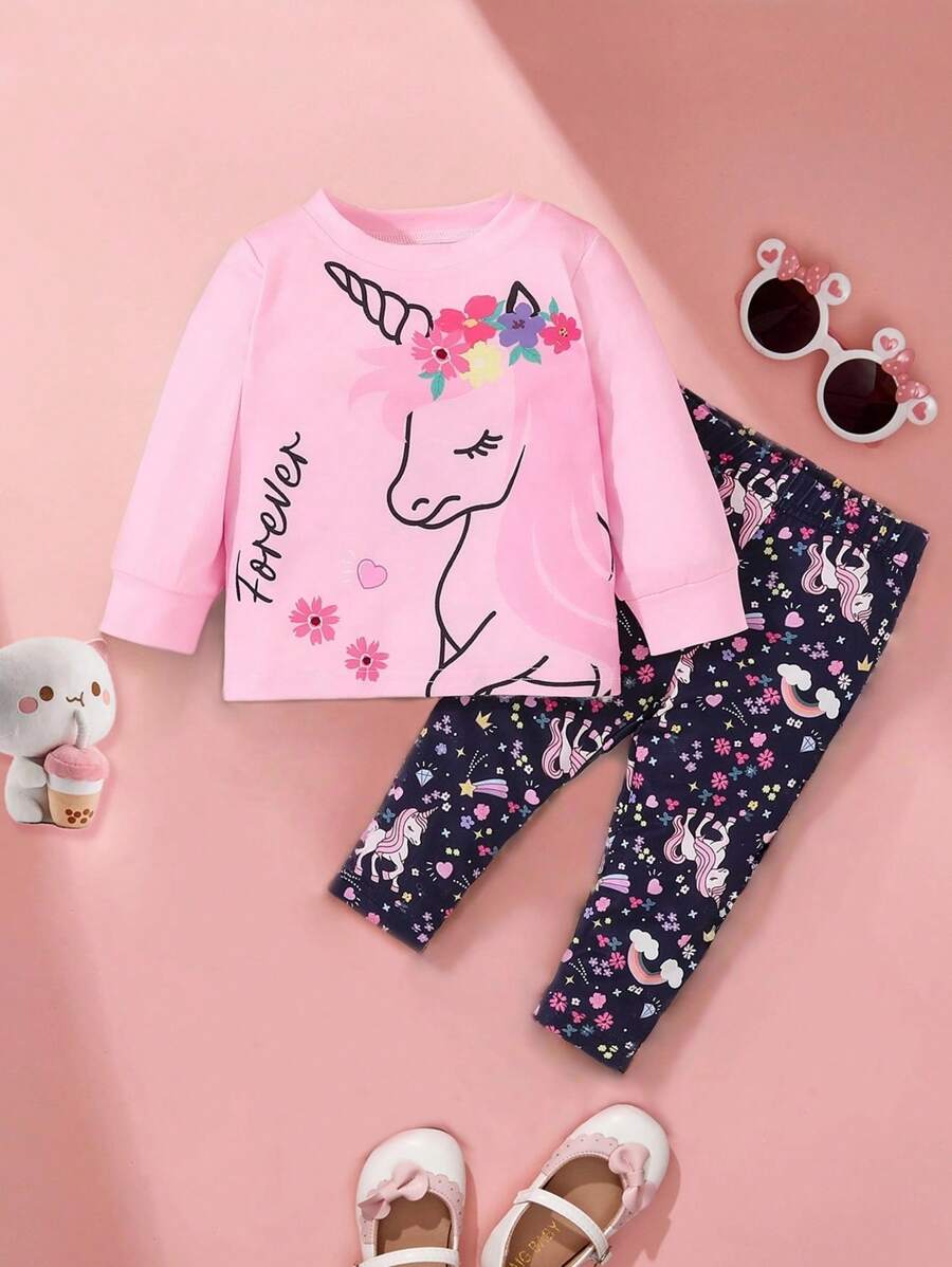 SHEIN Playful Pals 女婴独角兽印花T恤和紧身裤两件套