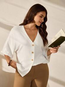 EMERY ROSE 大尺碼春夏休閒度假質感釦領寬鬆襯衫