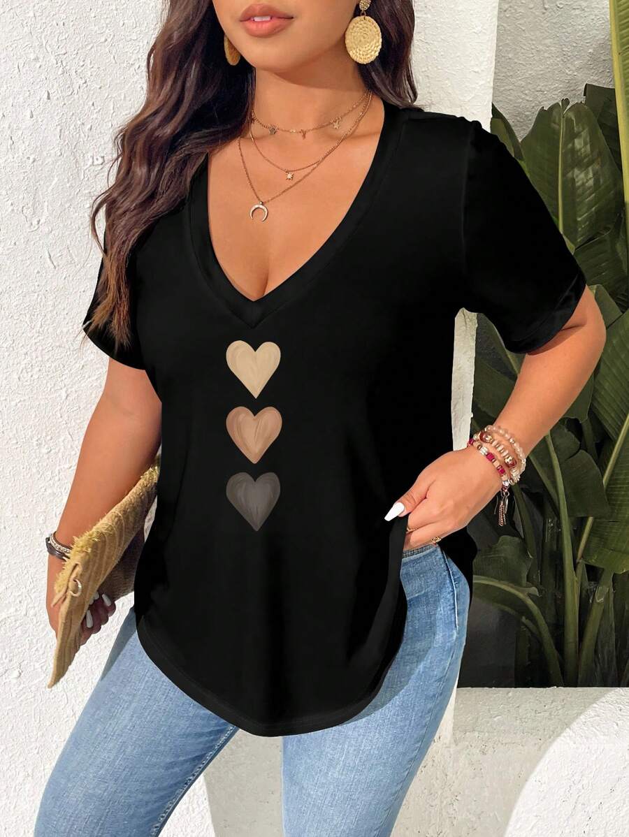 SHEIN Frenchy Plus Size Women's Black V-Neck T-Shirt With Colorful Heart Print Pattern, Summer Casual Resort Suitable For Going Out Heart Shirt V Neck Tops V Neck Blouses For Women Cute Short Sleeve Tops V Cut Top