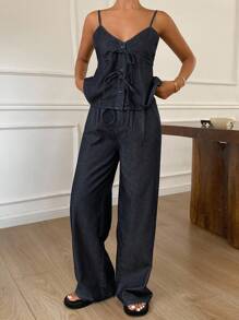 DAZY Women's Summer Flounce Strap Top And Wide-Leg Jeans 2-Piece Set - Dark Wash - View 1