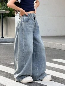 SHEIN 少女秋冬Y2K复古都市街头酷炫风做旧基础款韩版水洗蓝牛仔阔腿宽松牛仔裤，适合返校、返校节、秋冬、街头风、夜间外出、圣诞节等场合。 - 淺色水洗藍 - 查看 7