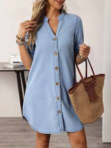 EMERY ROSE 女式V领卷边单排扣休闲牛仔连衣裙 - 藍色 - 查看 5