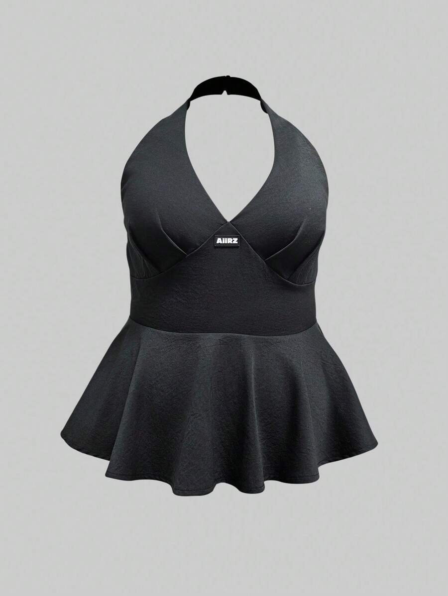 INAWLY Top halter de color negro sólido, sin espalda, para tallas grandes, sexy