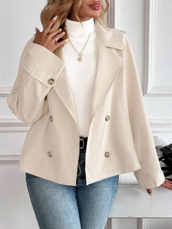 EMERY ROSE Chaqueta cortavientos casual de mujer con cuello desgastado y doble botonadura, de manga larga y color liso, para otoño/invierno