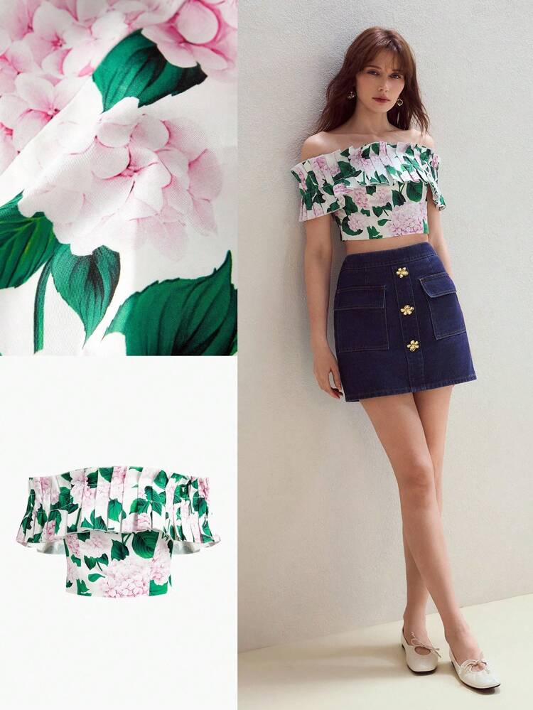 MOTF STUDIO ELEGANT OFF SHOULDER RUFFLE TRIM FITTED FLORAL PRINT CROP TOP