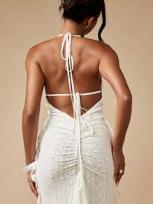 MISSGUIDED Váy Maxi Cổ Halter Ren Quyến Rũ Cho Tiệc Cưới, Váy Dạ Hội Cô Dâu Hở Lưng, Cổ Chữ V Sâu, Chi Tiết Chia Xẻ Bên Hông, Váy Đi Biển Mùa Hè - trắng - Xem 6