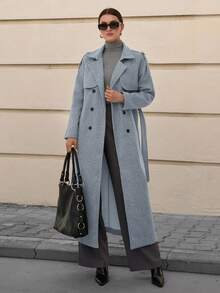 CLARA VERO 大码女式插肩袖长款羊毛大衣，带口袋和腰带，秋冬 - 灰色 - 查看 3