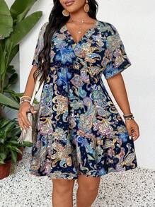 SHEIN LUNE 喇叭下摆收腰加大码连衣裙 乡村音乐会服装 毕业服装 女士夏季服装 女士早午餐服装 母亲节教堂服装 - 藏蓝色 - 查看 5