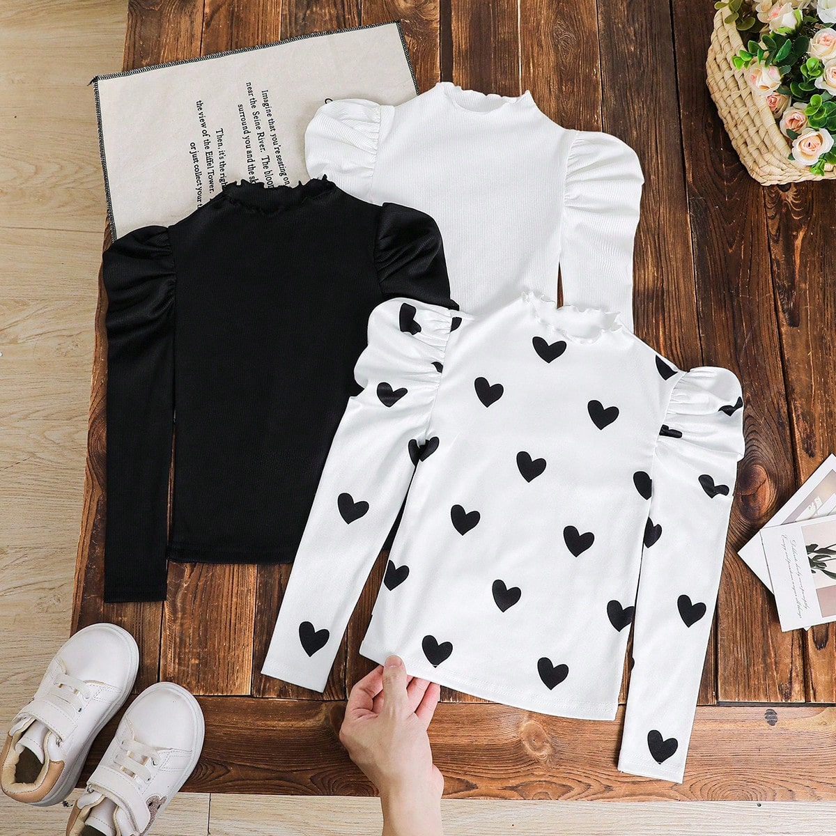 Set de 3 camisetas de manga larga con cuello alto, manga abullonada y estampado de corazón, ajustadas, versátiles y casuales para otoño/invierno, p