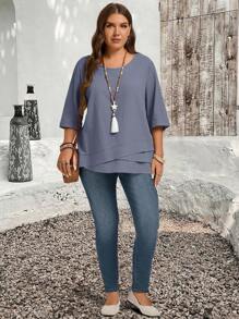 EMERY ROSE 大码不对称下摆绿色乡村衬衫秋装 - 藍色 - 查看 4