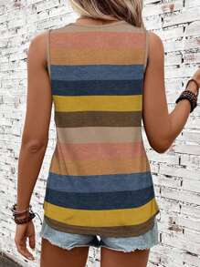 SHEIN LUNE Casual Striped Pattern Round Neck Women Tank Top, Suitable For Summer Women Tank Tops Summer Back To School - Multicolor - View 5