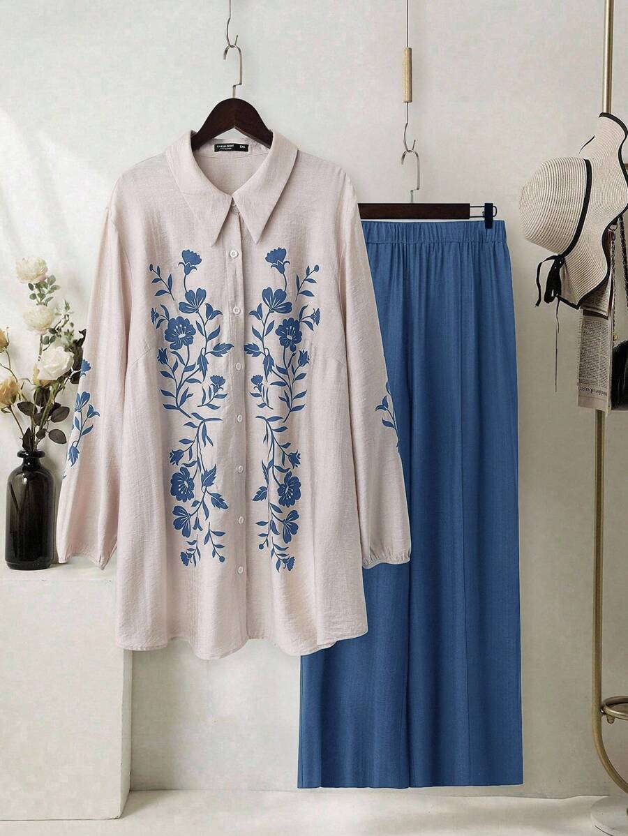 Mulvari 大码女式花卉印花长袖长衬衫和裤子套装，休闲两件套