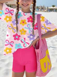 SHEIN 2 件青少年女孩休闲简约短袖宽松 T 恤和紧身裤套装，适合夏季 - 彩色 - 查看 3