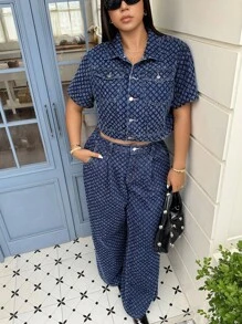 SHEIN ICON 大码女式钩针牛仔夹克，短袖，春夏 - 深色水洗藍 - 查看 8