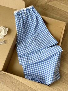 SHEIN MOOSTA Plus Size Women's Blue Plaid Casual Straight Leg Pants Fall Cloth For Women - Blue - View 4