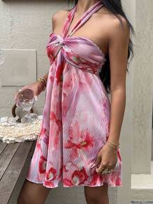 SHEIN EZwear Damen Urlaub Blume Muster Neckholder Chic Minikleid Rosa Blumen Sommerkleid Rosa Sommerkleid Sommer Sommerkleid Neckholder Sommerkleid