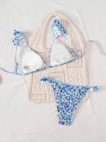 Swim Mod Conjunto de bikini triangular estampado simple para mujer - Multicolor - Ver 2