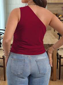 EMERY ROSE 大码女式休闲纯色不对称领口修身衬衫 - 酒紅色 - 查看 2