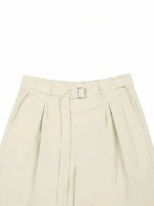 Manfinity Roghcode 男士黑色高腰百褶阔腿裤带腰部装饰配件，时尚百搭高腰裤阔腿裤百褶裤奶油色裤子宽松裤秋季 - 米色 - 查看 8