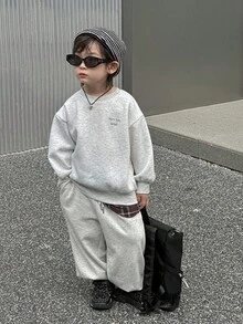 DAZY 儿童秋季服装，男童抓绒卫衣，背面印花图案，宽松休闲街头风，秋季假期穿着 - 灰色 - 查看 9